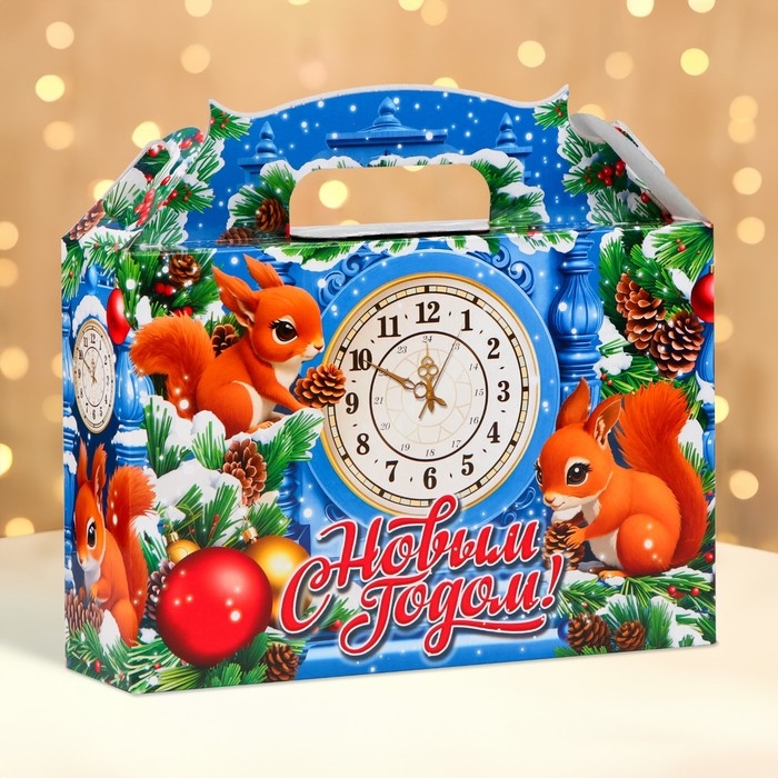 Новый год. Коробка подарочная новогодняя Ларец Белочки 26 х 23 х 7 см.
