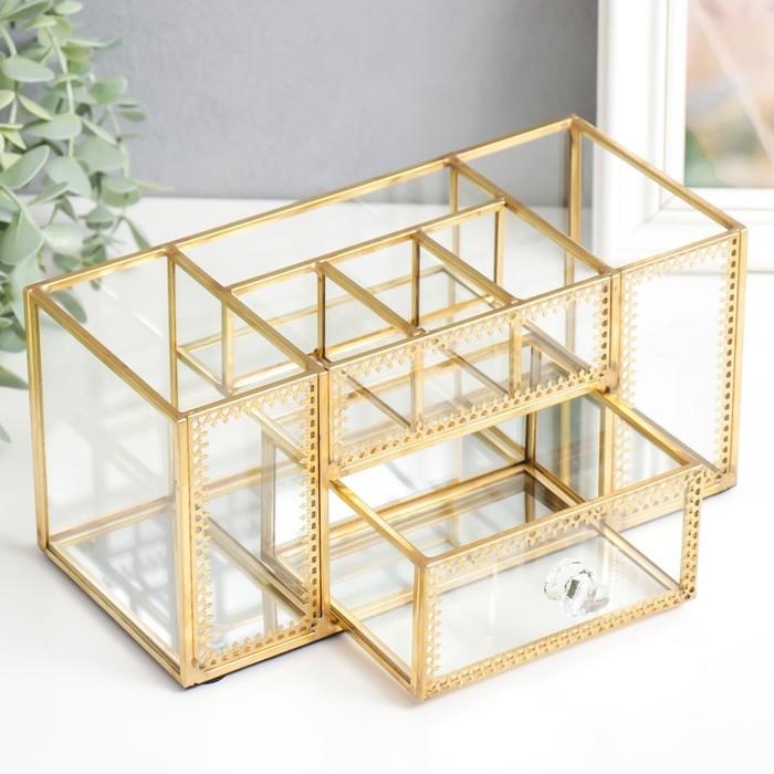 Шкатулка стекло для косметики и украшений с ящичком Шкатулка стекло для косметики и украшений с ящичком "Золотой узор" 10,3х10,3х23,3 см