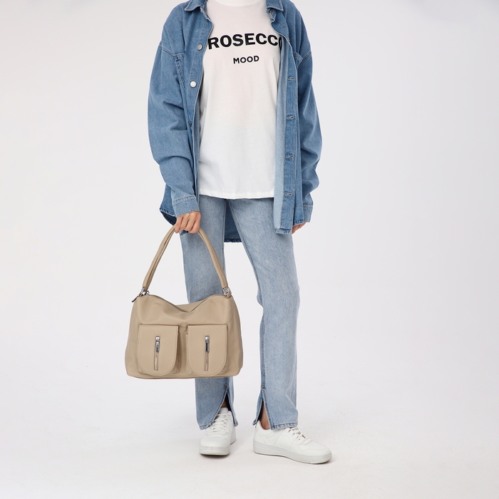 Сумка-тоут на молнии, 3 наружных кармана, цвет бежевый Сумка-тоут на молнии, 3 наружных кармана, цвет бежевый