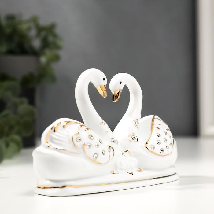 Сувенир керамика "Два белых лебедя в пруду" с золотом, стразы 14 см
