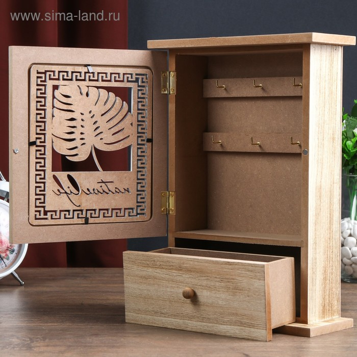 Ключница дерево 6 крючков с ящиком "Пальмовый лист и греческий узор" 29,5х21х8 см