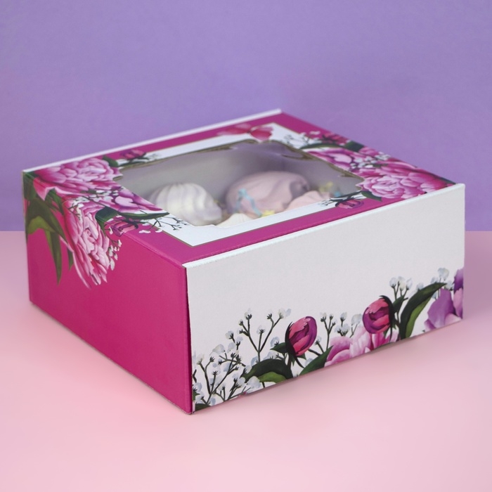 Коробка самосборная, с окном, "Весенние пионы", 19 х 19 х 9 см