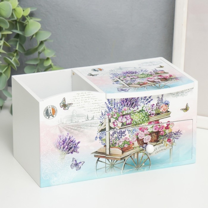 Шкатулка дерево с зеркалом и подставкой "Тележка с цветами" 10,8х18,5х10 см