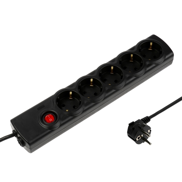 Сетевой фильтр Luazon Lighting, 5 розеток, 1.5 м, 3500 Вт, 3х1 мм2, 16 A, 220 В, c предохранителем, черный