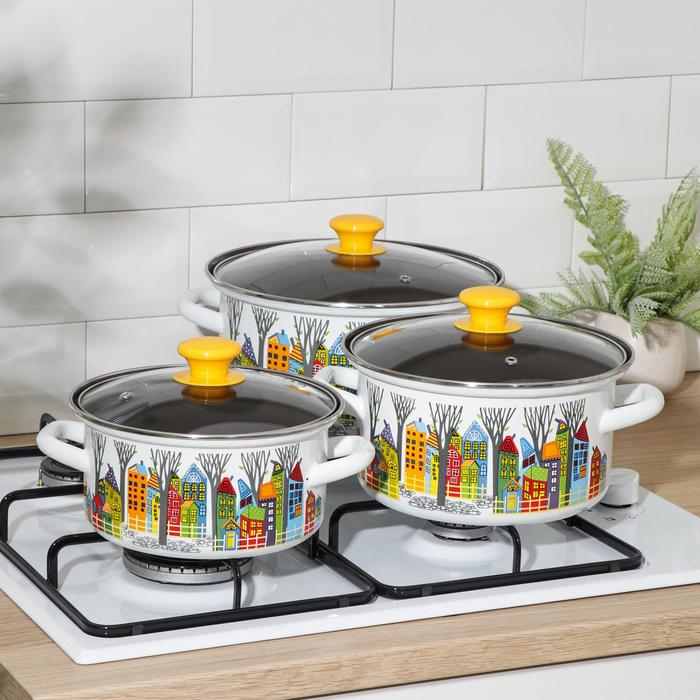 Набор кастрюль &laquo;Домики-1-Экстра&raquo;, 3 предмета: 2,3 л, 3 л, 4 л, крышки, индукция