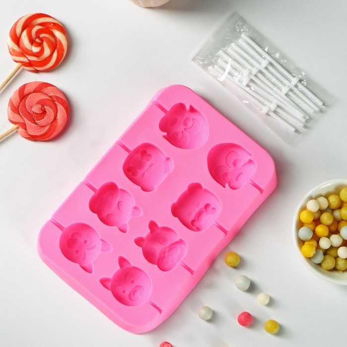 Форма для леденцов Доляна &laquo;Собакены&raquo;, силикон, 16,2&times;10,5&times;1,7 см, 8 ячеек, с палочками, цвет МИКС