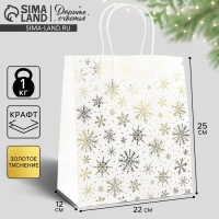 Пакет подарочный новогодний крафтовый &laquo;Снежинки&raquo;, 22 х 25 х 12 см , Новый год