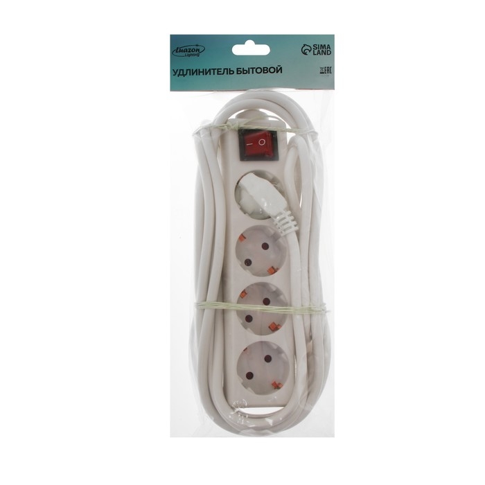 Удлинитель Luazon Lighting, 4 розетки, 5 м, 10 А, 2200 Вт, 3х1.5 мм2, с з/к, с выкл., Б