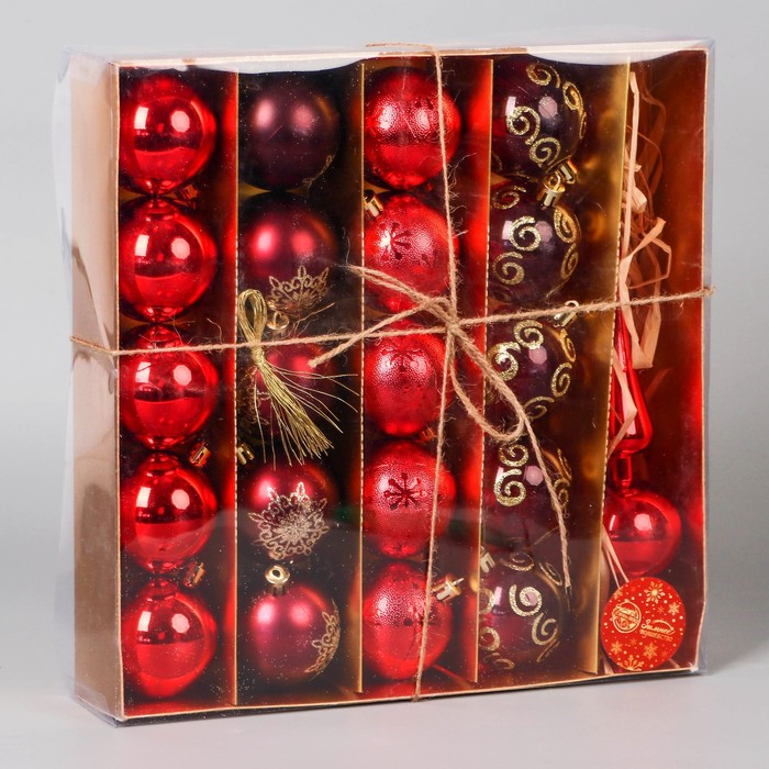 Набор шаров пластик с верхушкой 21 шт "Новогодний" (20 шаров d-6 см, верхушка) красный