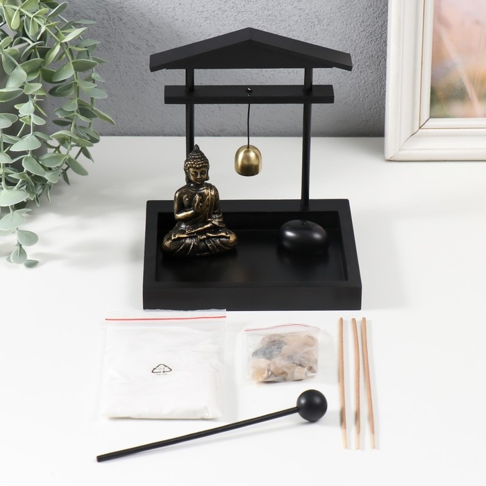 Сад Дзен "Будда у храма" песок+камни+аромапалочка+колокол 15,5х13х15 см