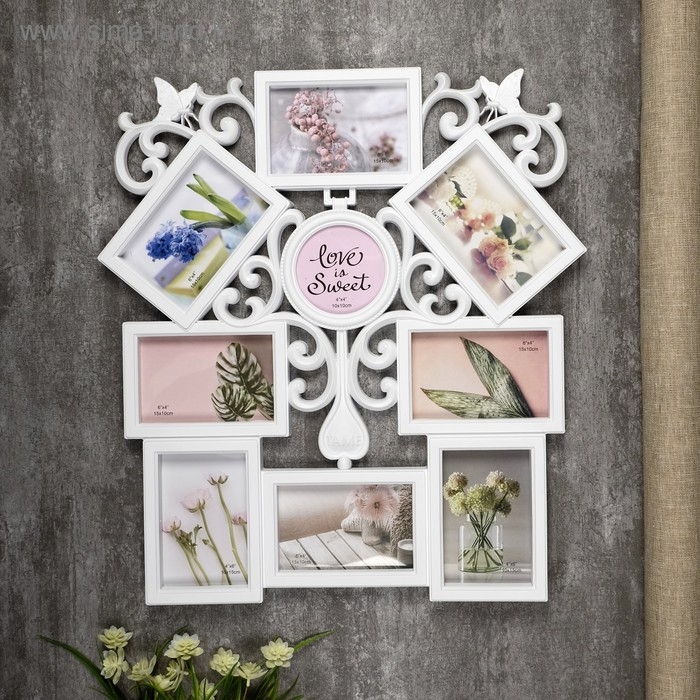 Фоторамка пластик на 9 фото 10х10, 10х15 см Фоторамка пластик на 9 фото 10х10, 10х15 см "Узоры" белая 54х49 см