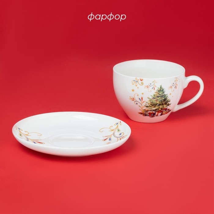 Новогодняя чайная пара Доляна &laquo;Волшебное дерево&raquo;, 2 предмета: чашка 210 мл, блюдце d=15 см, фарфор, цвет белый