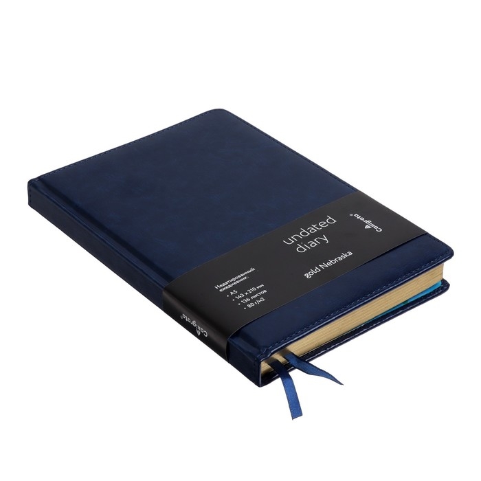 Ежедневник НЕдатированный А5, 136 листов в линейку, кожзам Ежедневник НЕдатированный А5, 136 листов в линейку, кожзам "Небраска", золотой срез, синий