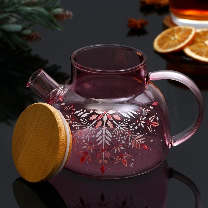 Новый год. Чайник заварочный стеклянный с бамбуковой крышкой &laquo;Розовая сказка&raquo;, 600 мл