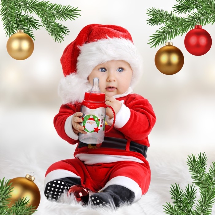 Бутылочка для кормления &laquo;Новогоднее хо-хо&raquo;, классическое горло, 150 мл., от 0 мес., цилиндр, подарочная упаковка, с ручками