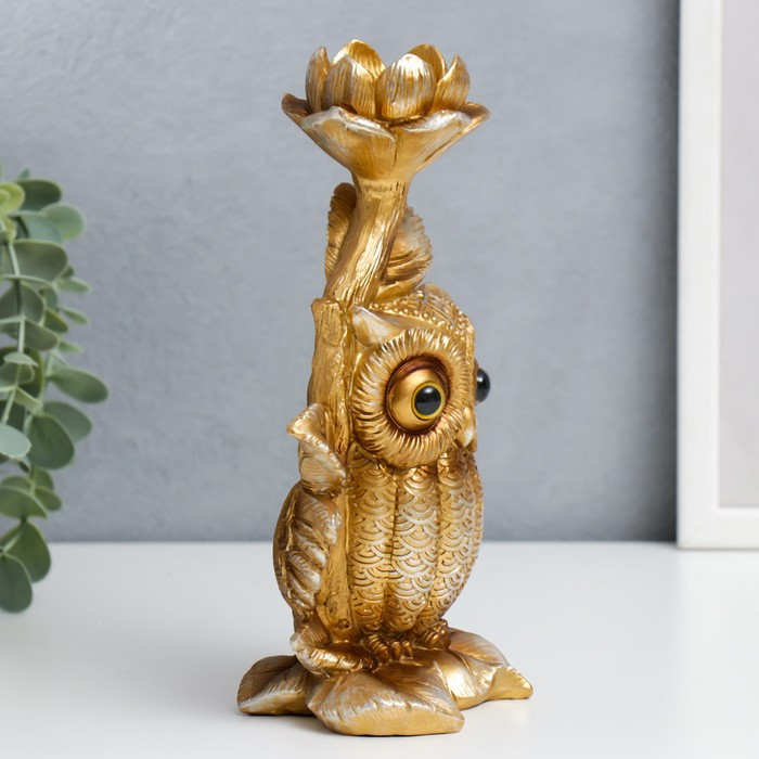 Подсвечник полистоун подставка Подсвечник полистоун подставка "Филин Генрих пучеглазый с цветком" бронза 21х8,5х12 см