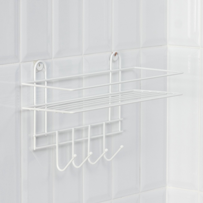 Полка для ванной прямая, 4 крючка, 33&times;12,5&times;4,5 см, цвет белый