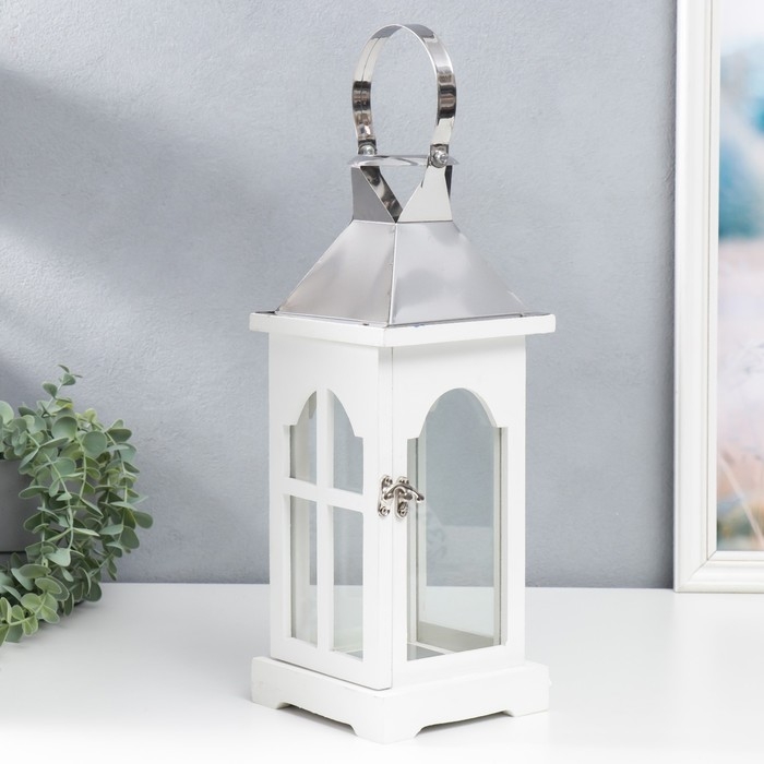 Подсвечник дерево Подсвечник дерево "Фонарь - веранда арка" белый и серебро набор 2 шт 36х14х14, 52х20х20 см