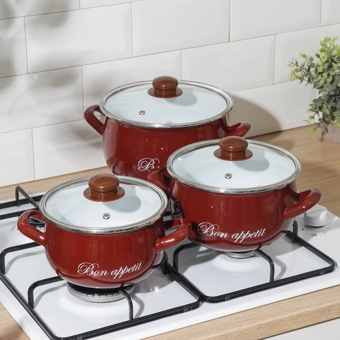 Набор эмалированных кастрюль «Бордо», 3 предмета: 2,1 л, 3,1 л, 4 л, индукция, цвет бордовый Набор эмалированных кастрюль «Бордо», 3 предмета: 2,1 л, 3,1 л, 4 л, индукция, цвет бордовый