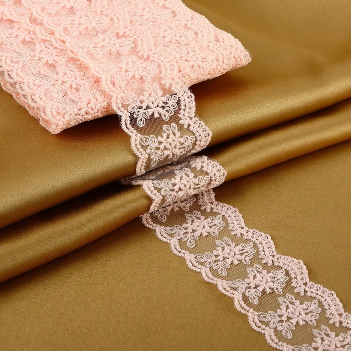 Кружево на сетке, 55 мм &times; 9 &plusmn; 0,5 м, цвет розовый