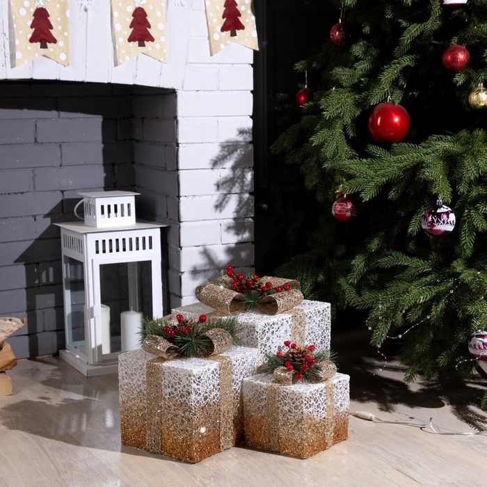 Светодиодная фигура &laquo;Бежевые подарки&raquo; 15, 20, 25 см, текстиль, металл, 220 В, свечение тёплое белое