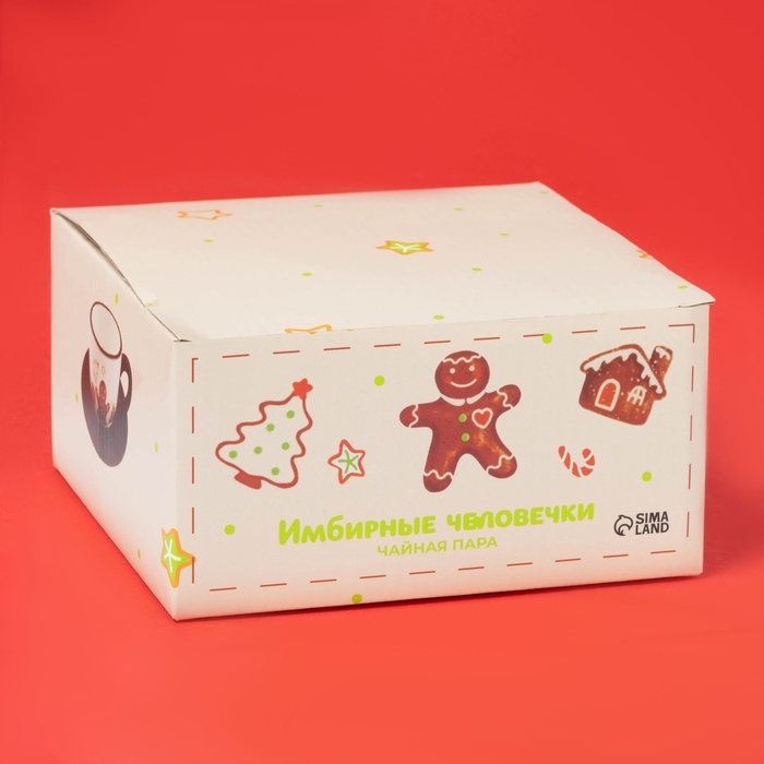 Чайная пара новогодняя Доляна &laquo;Имбирные человечки&raquo;, кружка 12,5&times;9,3&times;6,5 см, блюдце d=15 см