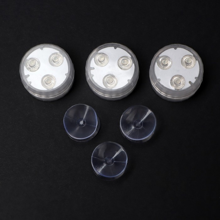 Светильник водонепроницаемый мини, 3 x 1.9 см, 3 шт, от CR2032 (в компл.), пульт, RGB, IP68 Светильник водонепроницаемый мини, 3 x 1.9 см, 3 шт, от CR2032 (в компл.), пульт, RGB, IP68