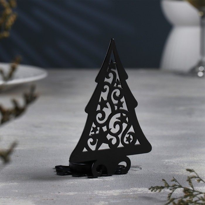 Новый год Подсвечник "Ёлка со звездами" металл на одну свечу, 6,6х10х13 см, черный
