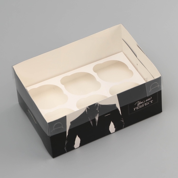 Коробка для 6 капкейков с прозрачной крышкой, Коробка для 6 капкейков с прозрачной крышкой, "Мужской дляарок", 23 × 16 × 10 см, кондитерская упаковка