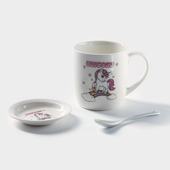Кружка керамическая с подставкой и ложкой &laquo;Единорог в мечтах&raquo;, 330 мл, рисунок МИКС
