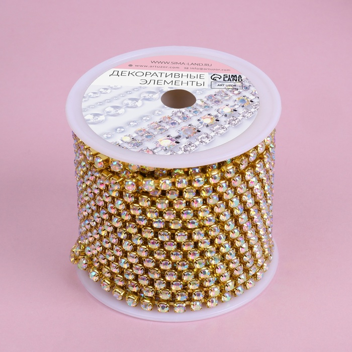 Цепь со стразами, с голографией, металл, стекло, 3,5 мм, 9 &plusmn; 1 м, цвет золотой