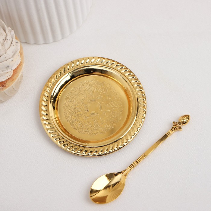 Набор блюдец &laquo;Золото&raquo;, с подставкой, с ложками, 6 шт, цвет золотой