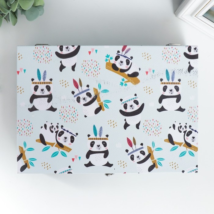 Шкатулка дерево "Панды-индейцы" кожзам и бархат 5,5х24х17 см