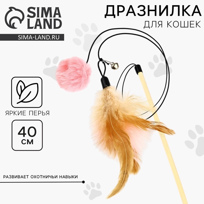 Игрушка дразнилка для кошек с пером и помпоном &laquo;Кошечка&raquo;, розовый