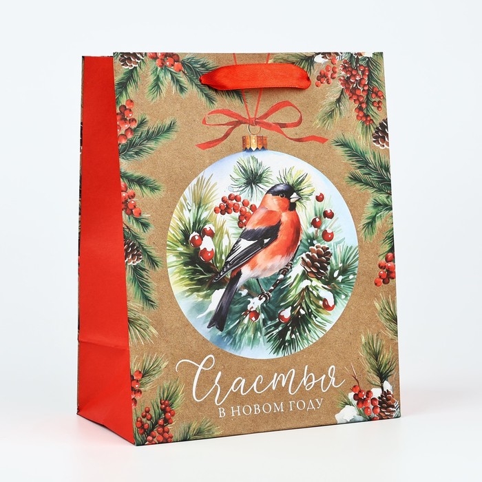 Пакет подарочный новогодний крафтовый вертикальный &laquo;Счастья в Новом году&raquo;, снегирь, MS 18 х 23 х 10 см, Новый год