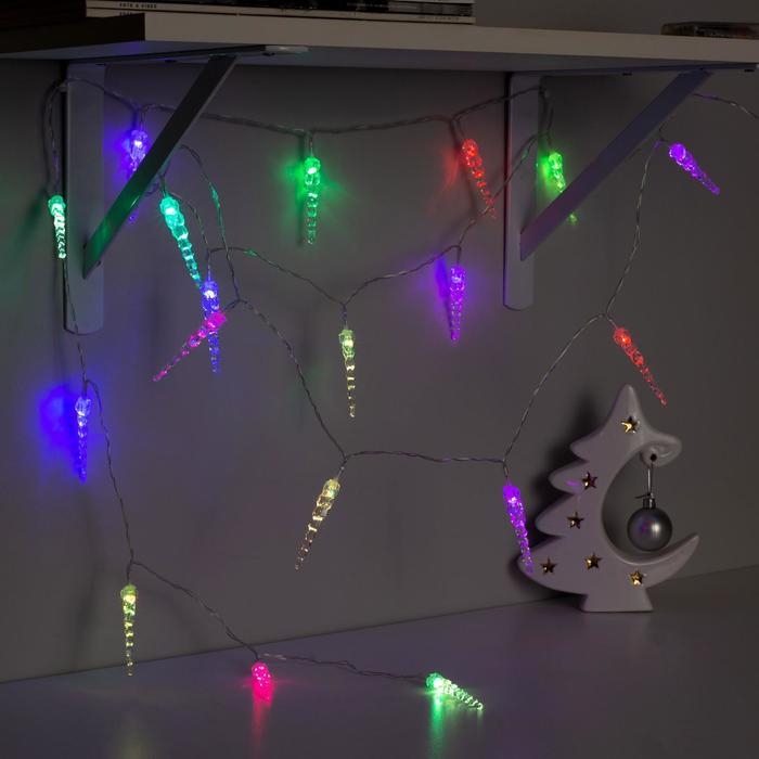 Гирлянда «Нить» 3 м с насадками «Сосульки 7.5 см», IP20, прозрачная нить, 20 LED, батарейки AAх3 (нет в комплекте), свечение мульти Гирлянда «Нить» 3 м с насадками «Сосульки 7.5 см», IP20, прозрачная нить, 20 LED, батарейки AAх3 (нет в комплекте), свечение мульти