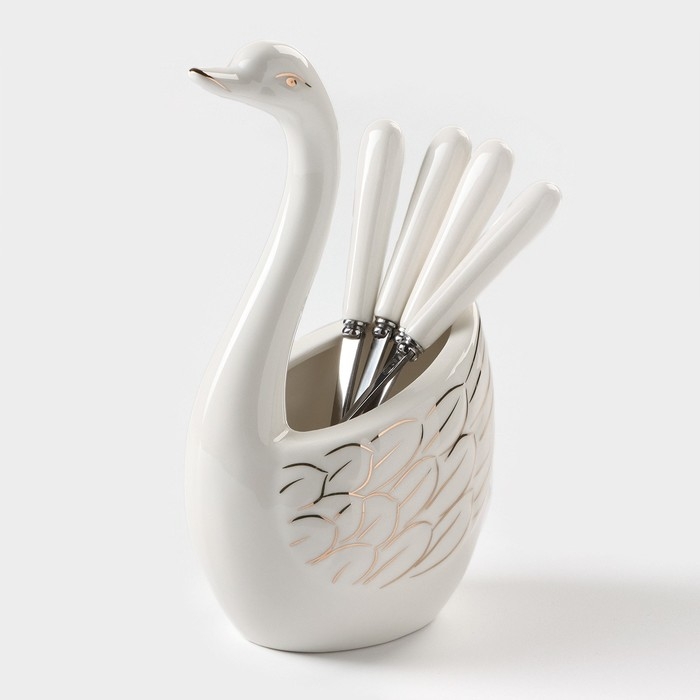 Подставка для столовых приборов &laquo;Лебедь&raquo;, 5 предметов: подставка 9&times;6,5&times;16,5 см, 2 ложки, 2 вилки, цвет белый