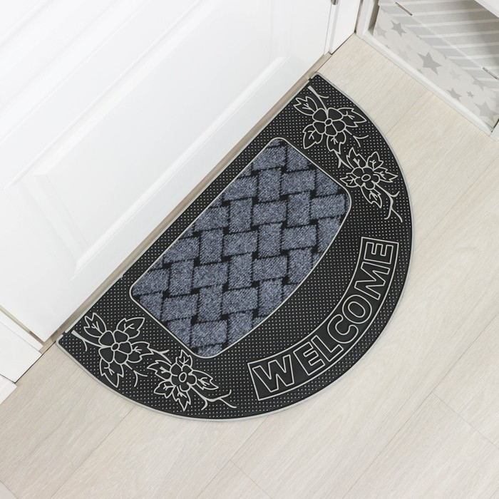 Коврик придверный полукруглый Доляна &laquo;Welcome цветы&raquo;, 45&times;75 см, цвет серебряный