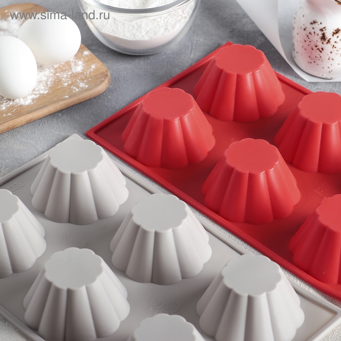 Форма для выпечки Доляна &laquo;Сладости. Пудинг&raquo;, силикон, 29,5&times;17,5 см, 6 ячеек (7,7&times;4 см), цвет МИКС