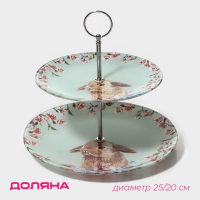 Фруктовница стеклянная 2-х ярусная круглая Доляна &laquo;Кролик&raquo;, d=25/20 см, цвет голубой