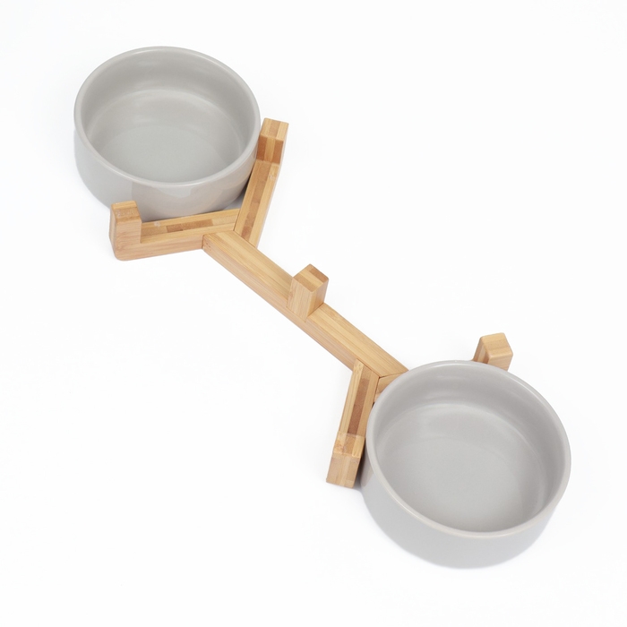 Миски керамические двойные на подставке 2 х 450 мл  28,5 х 15,5 х 7 см, серая