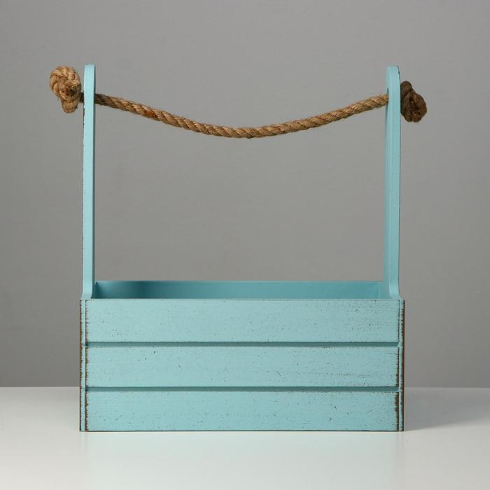 Кашпо деревянное 25.5&times;15&times;30 см "Прованс", ручка канат, серо-голубой