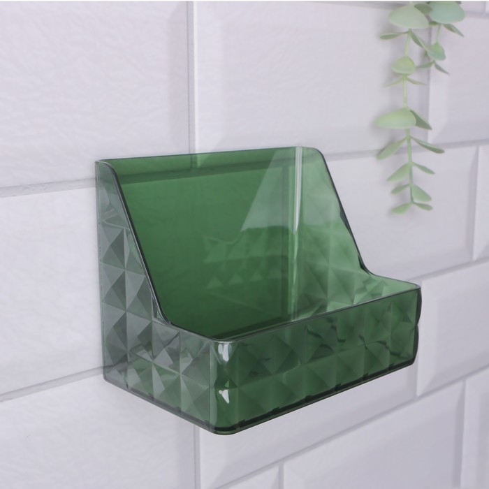 Органайзер для хранения &laquo;GREEN&raquo;, навесной, 1 секция, с клеевой основой, 11,8 &times; 7,8 &times; 9 см, цвет полупрозрачный/зелёный