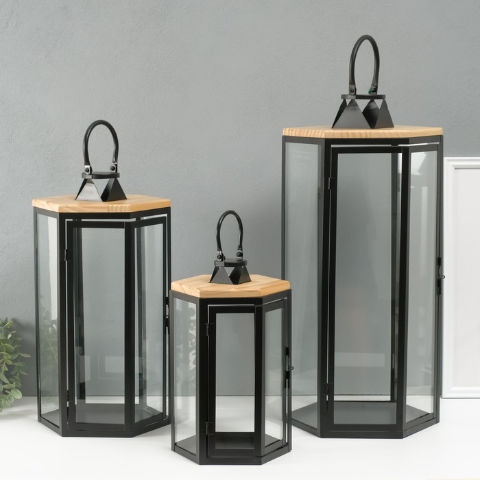 Подсвечник металл, дерево, фонарь"Шесть граней" набор 3 шт 22,5х19,5х43,5; 18,5х16х31 см