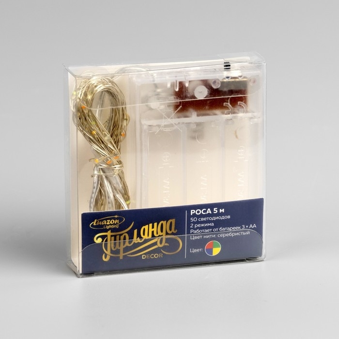 Гирлянда &laquo;Нить&raquo; 5 м роса, IP20, серебристая нить, 50 LED, 2 режима, батарейки AAх3 (нет в комплекте), свечение мульти