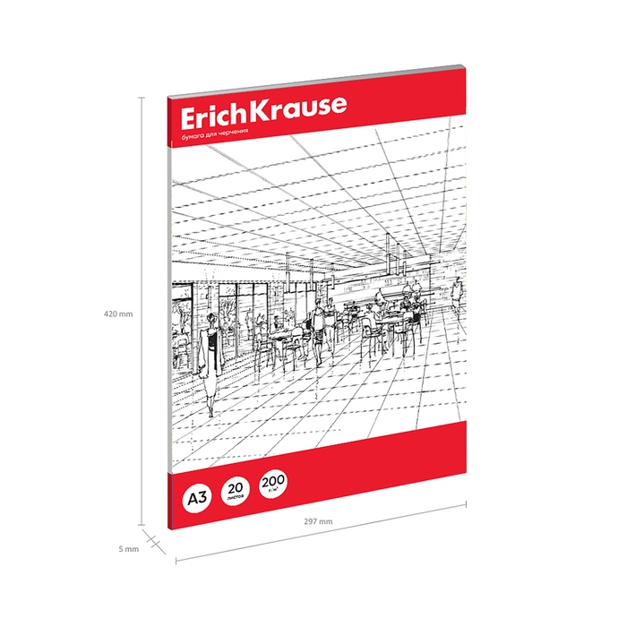 Бумага для черчения А3, 20 листов, блок 200 г/м&sup2;, ErichKrause, без рамки, в папке
