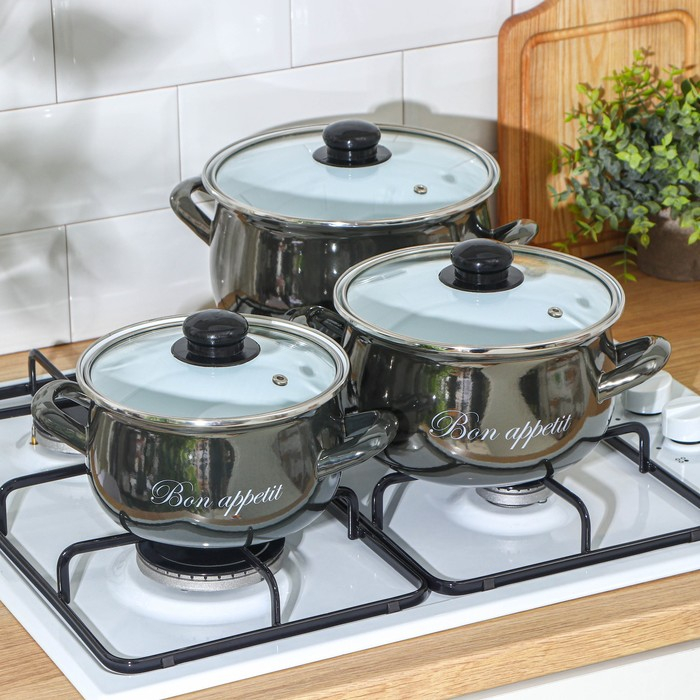 Набор кастрюль «Металлик», 3 предмета: 2,1 л, 3,1 л, 4 л, индукция, цвет чёрный Набор кастрюль «Металлик», 3 предмета: 2,1 л, 3,1 л, 4 л, индукция, цвет чёрный