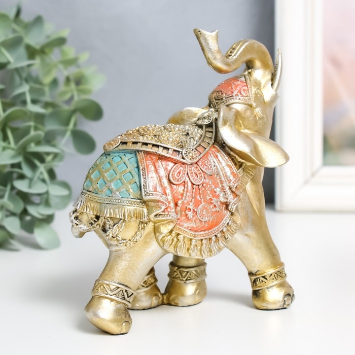 Сувенир полистоун "Золотой слон в цветной богатой попоне" МИКС 6х11х13 см