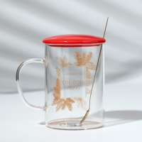 Кружка с ложкой и крышкой стеклянная Дорого внимание &laquo;Волшебного нового года&raquo;, 470 мл