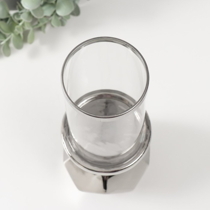 Подсвечник керамика, стекло на 1 свечу "Грани" d=7,5 см серебро 10,5х10,5х27 см